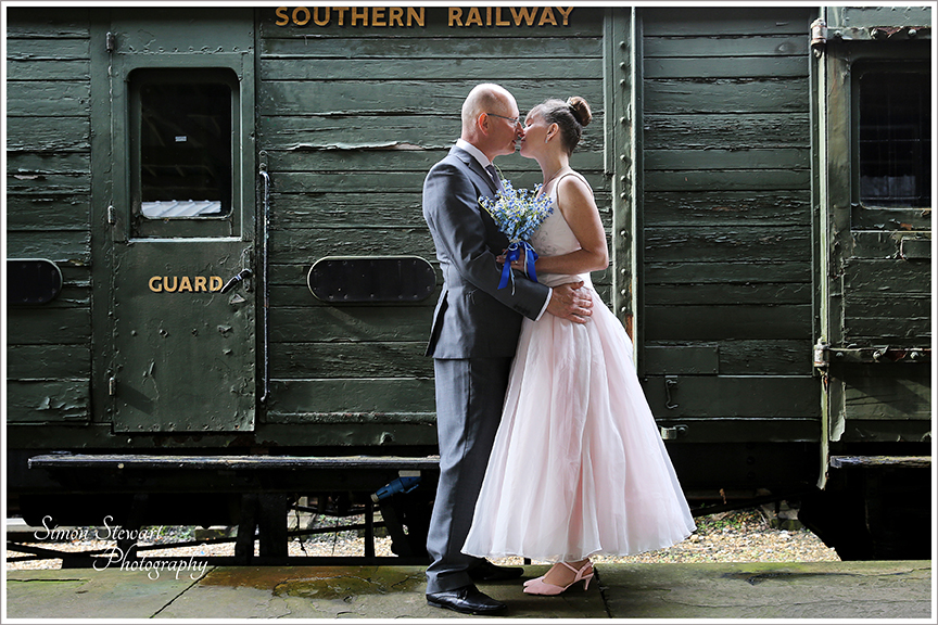 wedding couple on bluebell railway sussex.