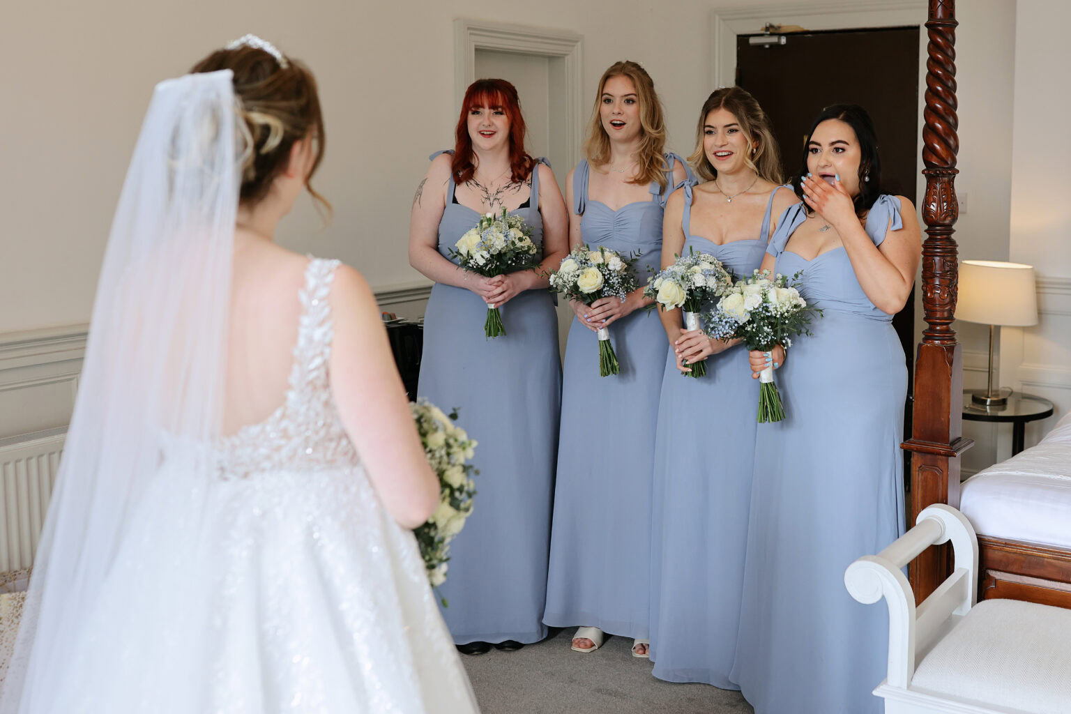Bride dress reveal ready on a February wedding morning at Highley Manor in Sussex